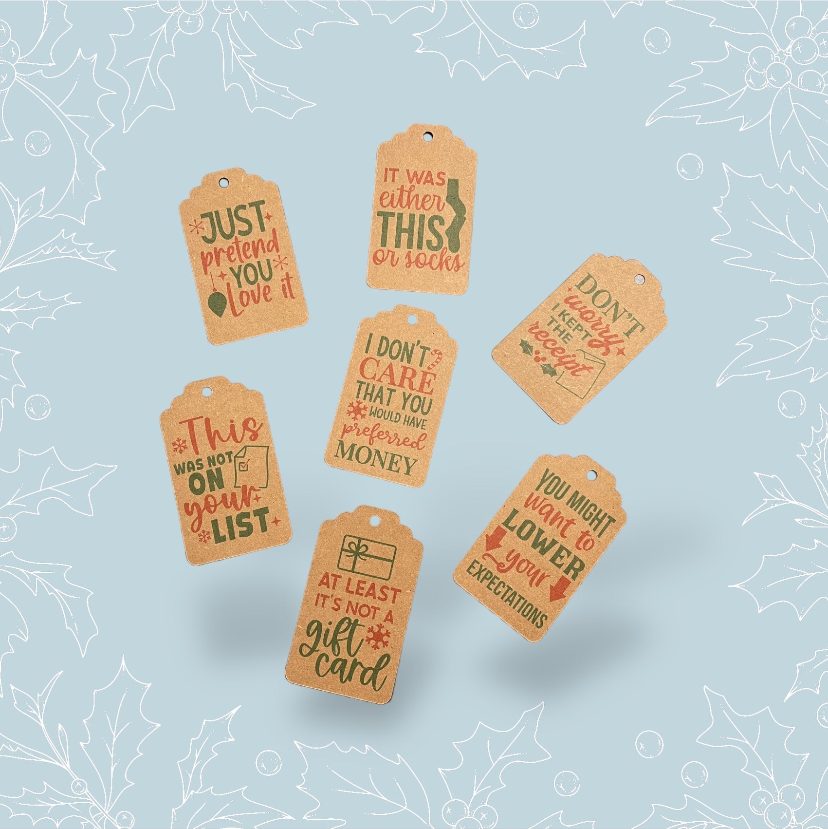 A selection of seven Kraft gift tags with sarcastic Christmas phrases